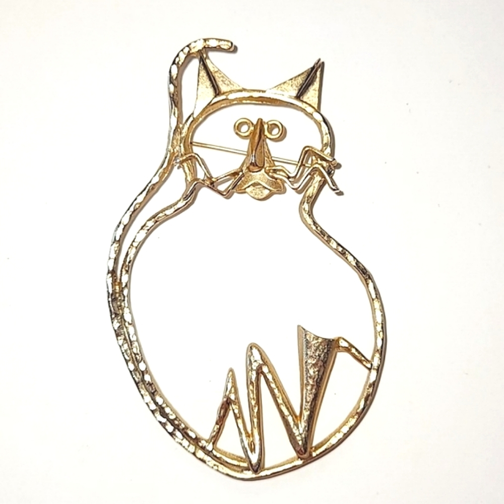 ABSTRACT KITTY CAT PIN BROOCH - HUGE 3 1/2" STATEMENT PIN